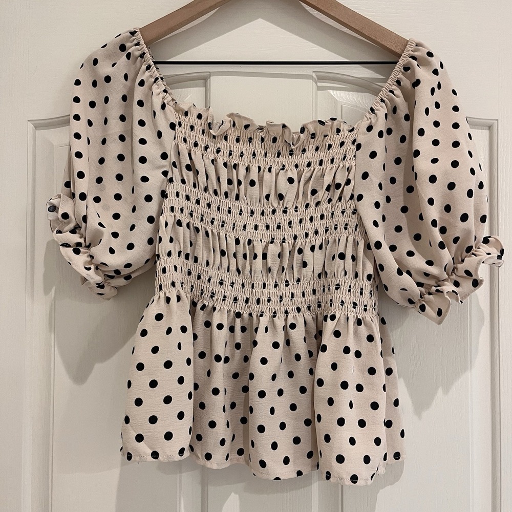 Polka Dot Smocked Peplum Puff Sleeve Top M Cottagecore Milkmaid Peasant Boho